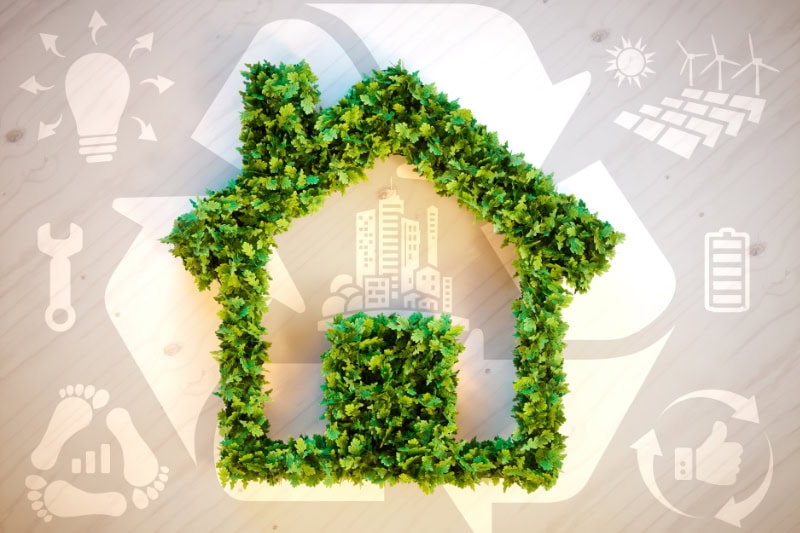 Tips to Prepare Your Merrillville Home for Vacation This Summer. Sustainable living - 3d illustration with ecology icons on brown wooden background.